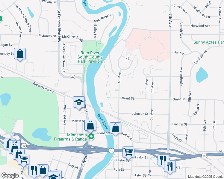 map of restaurants, bars, coffee shops, grocery stores, and more near 3181 Rum River Way in Anoka