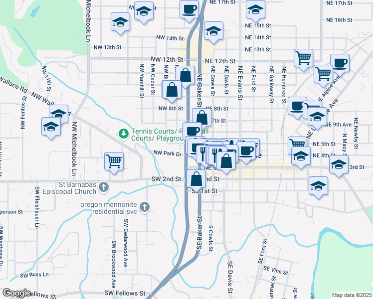 map of restaurants, bars, coffee shops, grocery stores, and more near 109 Northwest 5th Street in McMinnville