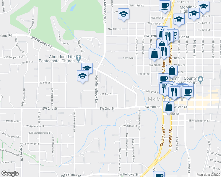 map of restaurants, bars, coffee shops, grocery stores, and more near 443 Northwest Dyreka Court in McMinnville