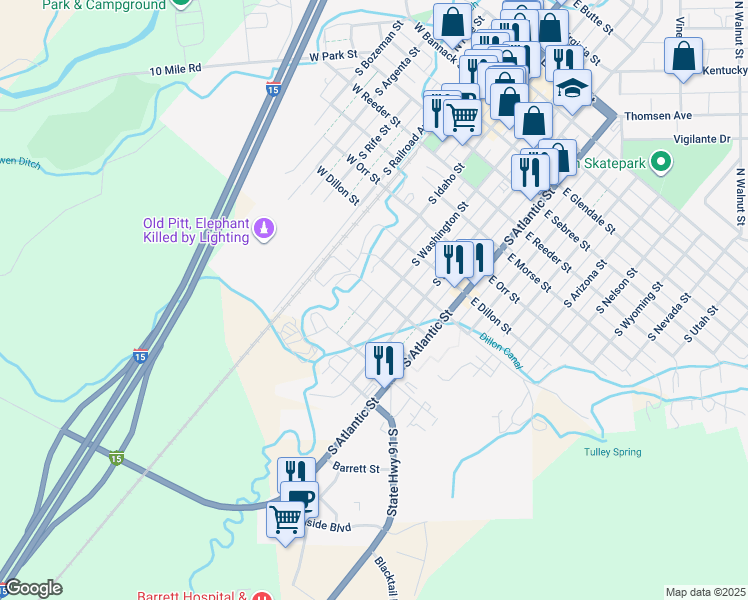 map of restaurants, bars, coffee shops, grocery stores, and more near 125 E Clark St in Dillon