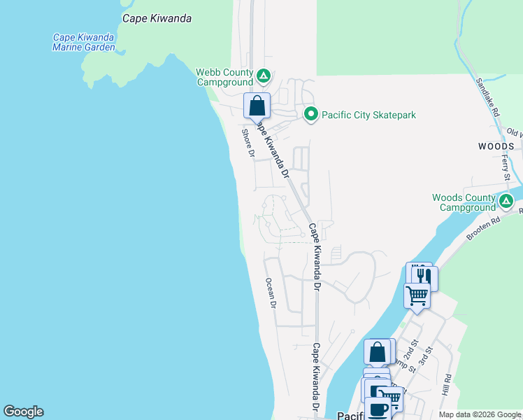 map of restaurants, bars, coffee shops, grocery stores, and more near 5685 Barefoot Lane in Pacific City