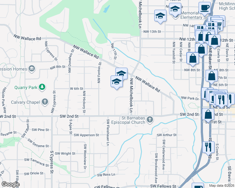 map of restaurants, bars, coffee shops, grocery stores, and more near 1125 Northwest 2nd Street in McMinnville
