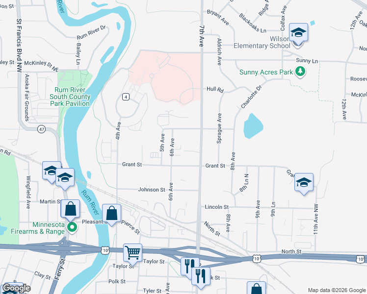 map of restaurants, bars, coffee shops, grocery stores, and more near 651 Randall Drive in Anoka