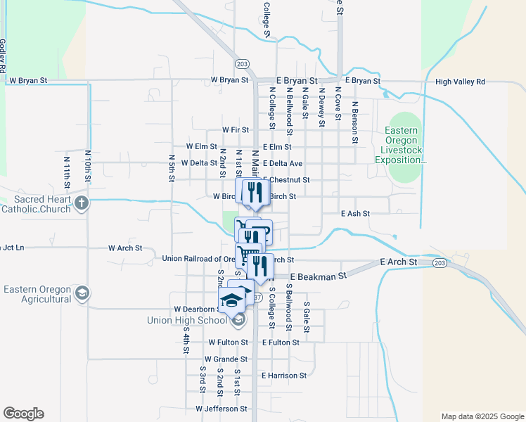 map of restaurants, bars, coffee shops, grocery stores, and more near 410 North Main Street in Union