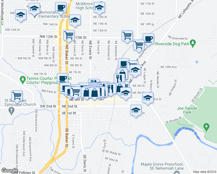 map of restaurants, bars, coffee shops, grocery stores, and more near 707 Northeast 5th Street in McMinnville