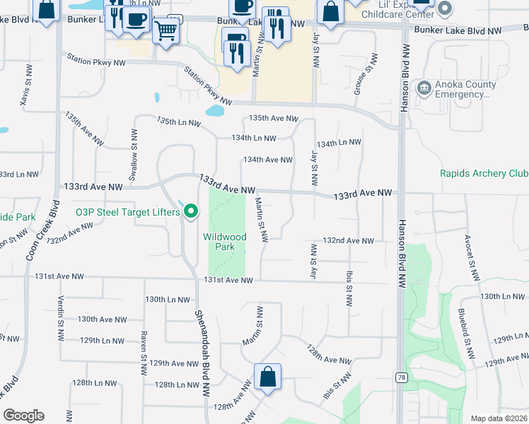 map of restaurants, bars, coffee shops, grocery stores, and more near 13250 Martin Street Northwest in Minneapolis