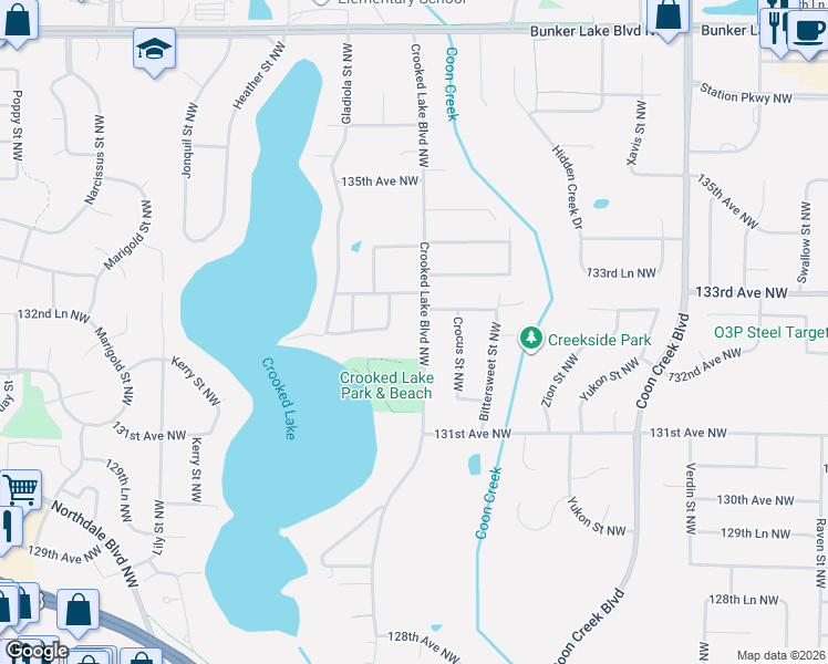 map of restaurants, bars, coffee shops, grocery stores, and more near 13232 Crooked Lake Boulevard Northwest in Minneapolis