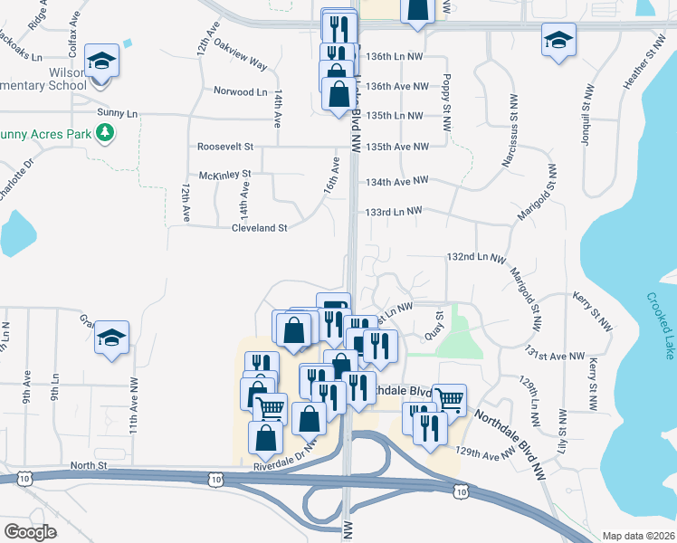 map of restaurants, bars, coffee shops, grocery stores, and more near 13252 Vintage Street Northwest in Minneapolis