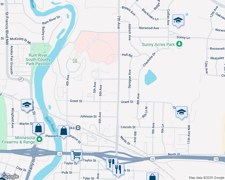 map of restaurants, bars, coffee shops, grocery stores, and more near 651 Randall Drive in Anoka