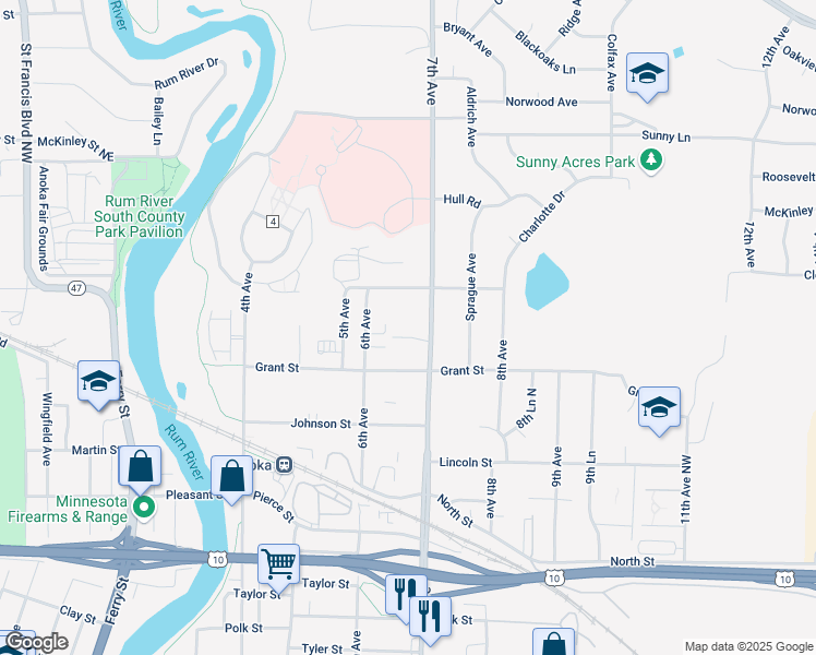 map of restaurants, bars, coffee shops, grocery stores, and more near 651 Randall Drive in Anoka
