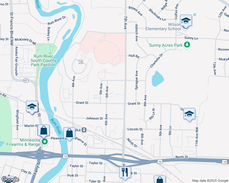 map of restaurants, bars, coffee shops, grocery stores, and more near 651 Randall Drive in Anoka