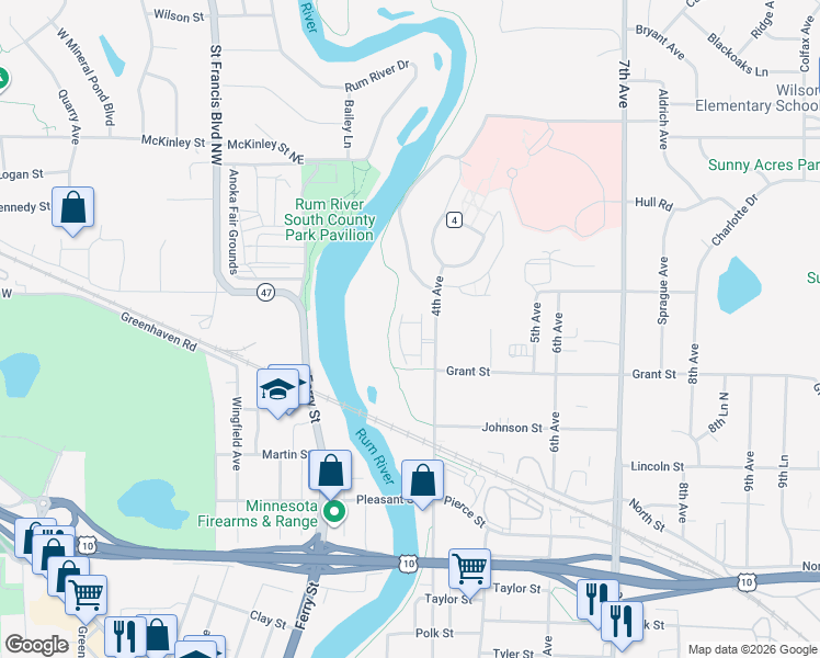 map of restaurants, bars, coffee shops, grocery stores, and more near 3181 Rum River Way in Anoka