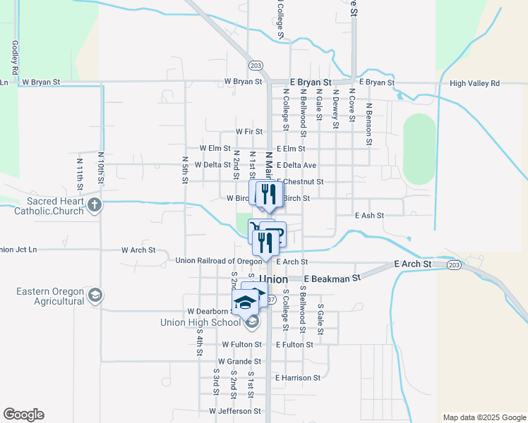 map of restaurants, bars, coffee shops, grocery stores, and more near 410 North Main Street in Union