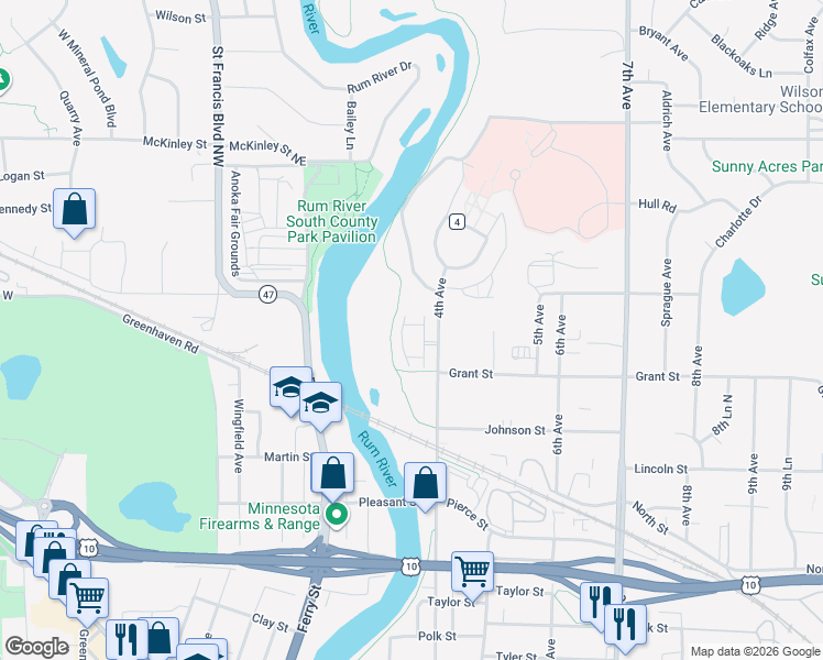map of restaurants, bars, coffee shops, grocery stores, and more near 3181 Rum River Way in Anoka