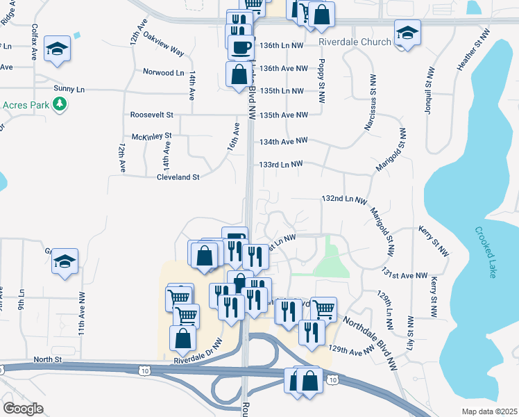 map of restaurants, bars, coffee shops, grocery stores, and more near 13210 Meadowood Trail in Minneapolis