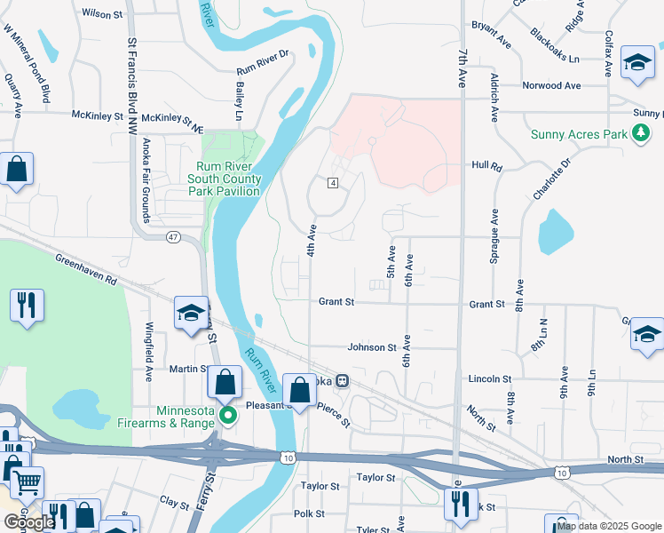 map of restaurants, bars, coffee shops, grocery stores, and more near 3002 4th Avenue in Anoka