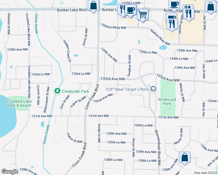 map of restaurants, bars, coffee shops, grocery stores, and more near 2356 132nd Lane Northwest in Minneapolis
