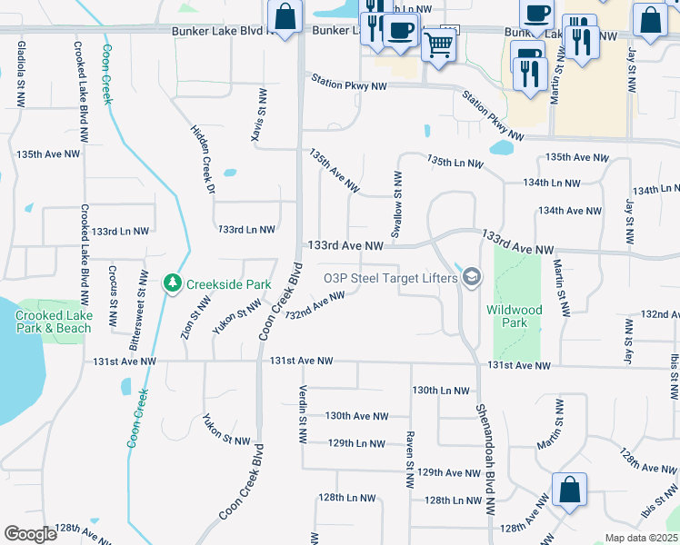 map of restaurants, bars, coffee shops, grocery stores, and more near 2356 132nd Lane Northwest in Minneapolis