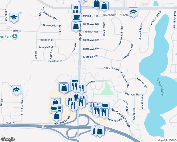 map of restaurants, bars, coffee shops, grocery stores, and more near 3484 132nd Lane Northwest in Minneapolis