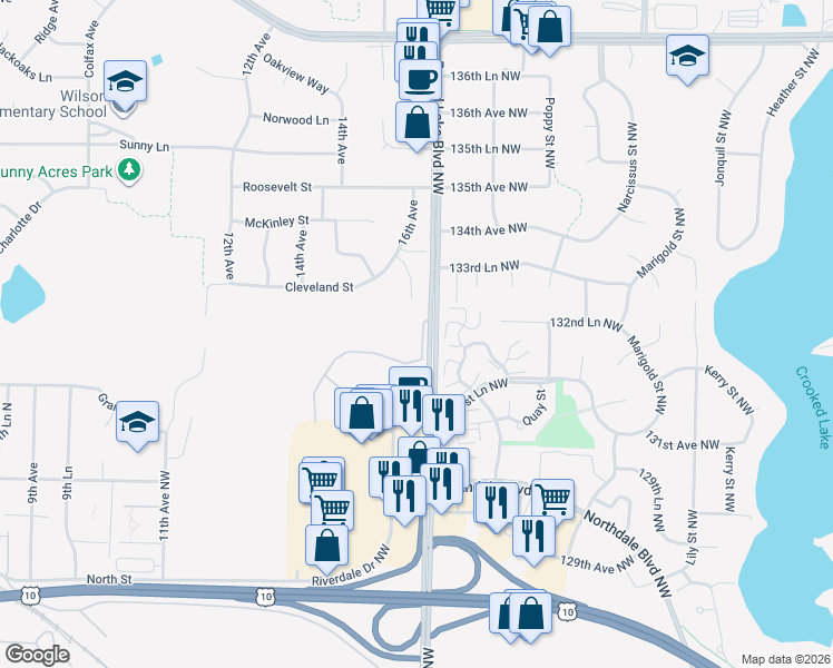 map of restaurants, bars, coffee shops, grocery stores, and more near 13252 Vintage Street Northwest in Minneapolis