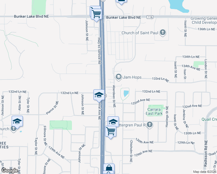map of restaurants, bars, coffee shops, grocery stores, and more near 1254 133rd Avenue Northeast in Ham Lake