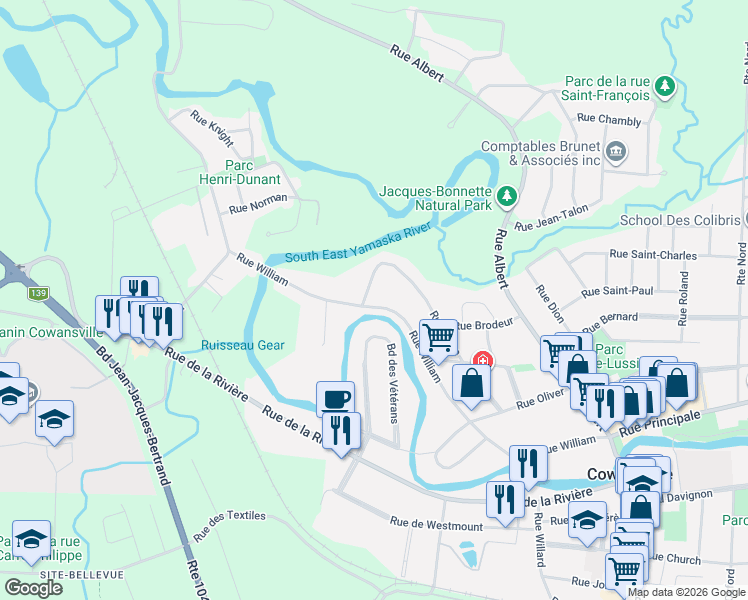 map of restaurants, bars, coffee shops, grocery stores, and more near 252 Rue William in Cowansville