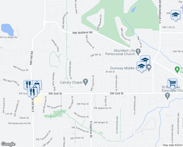 map of restaurants, bars, coffee shops, grocery stores, and more near 563 Northwest Cypress Street in McMinnville