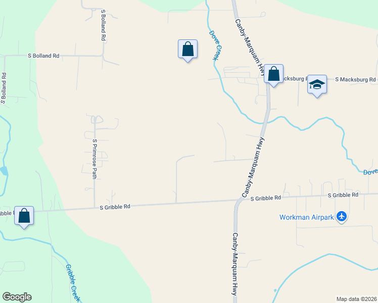 map of restaurants, bars, coffee shops, grocery stores, and more near 8949 South Gribble Road in Canby