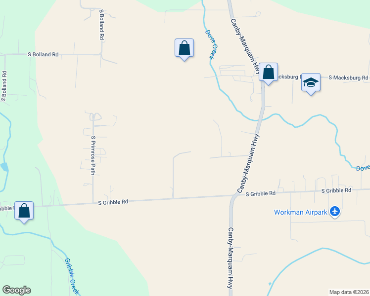 map of restaurants, bars, coffee shops, grocery stores, and more near 8949 South Gribble Road in Canby