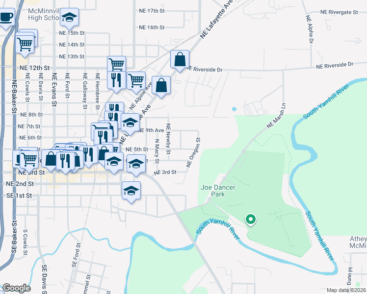 map of restaurants, bars, coffee shops, grocery stores, and more near 1527 Northwest 5th Street in McMinnville