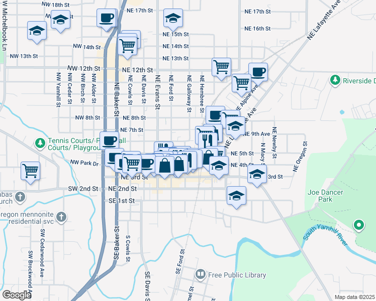 map of restaurants, bars, coffee shops, grocery stores, and more near 707 Northeast 5th Street in McMinnville