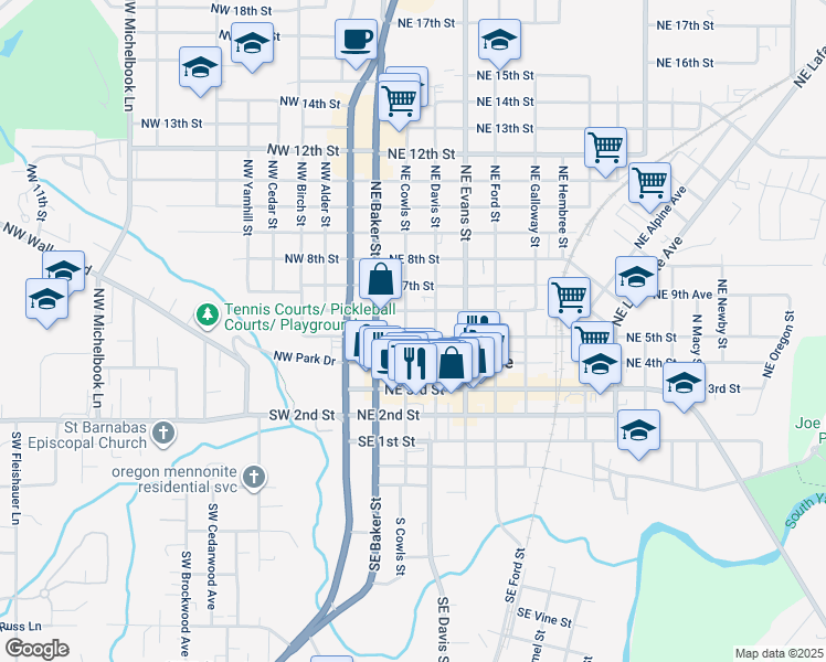 map of restaurants, bars, coffee shops, grocery stores, and more near 309 Northeast 5th Street in McMinnville