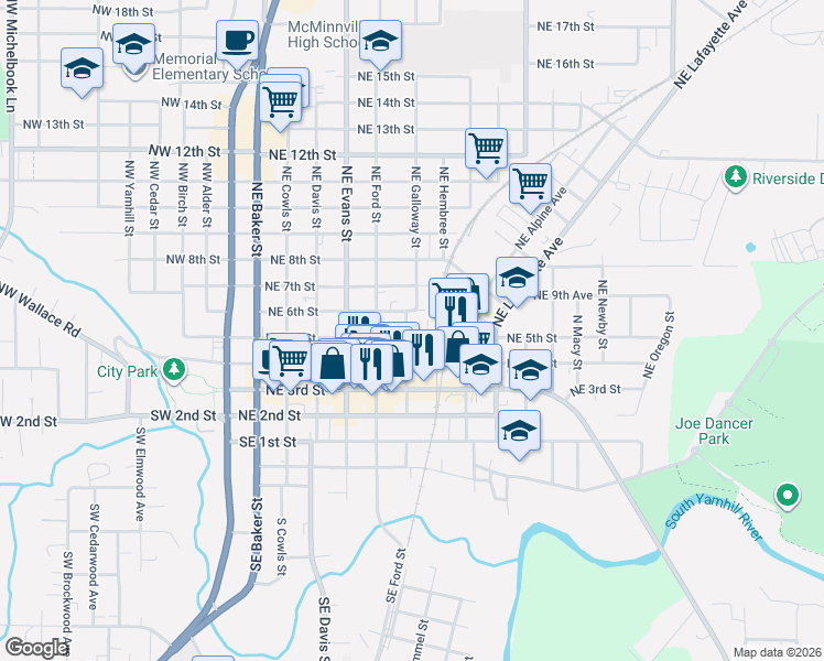 map of restaurants, bars, coffee shops, grocery stores, and more near 707 Northeast 5th Street in McMinnville
