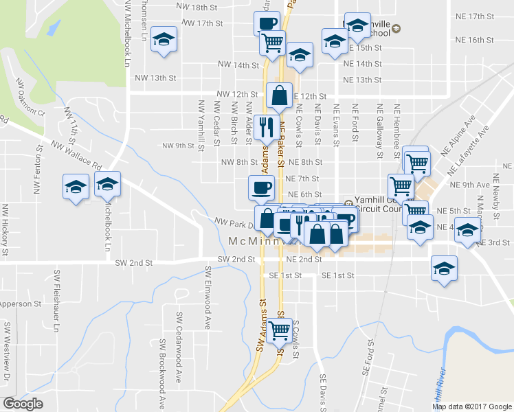 map of restaurants, bars, coffee shops, grocery stores, and more near 109 Northwest 5th Street in McMinnville