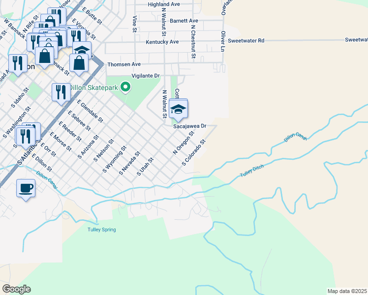 map of restaurants, bars, coffee shops, grocery stores, and more near 1299 East Helena Street in Dillon