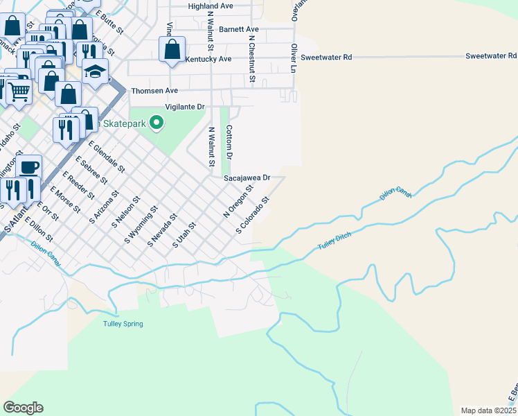 map of restaurants, bars, coffee shops, grocery stores, and more near 1299 East Helena Street in Dillon