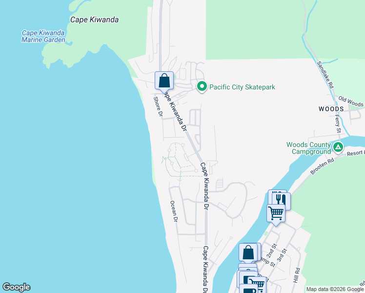 map of restaurants, bars, coffee shops, grocery stores, and more near 5865 Barefoot Lane in Pacific City