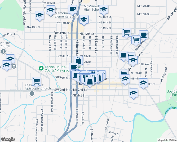 map of restaurants, bars, coffee shops, grocery stores, and more near 309 Northeast 5th Street in McMinnville