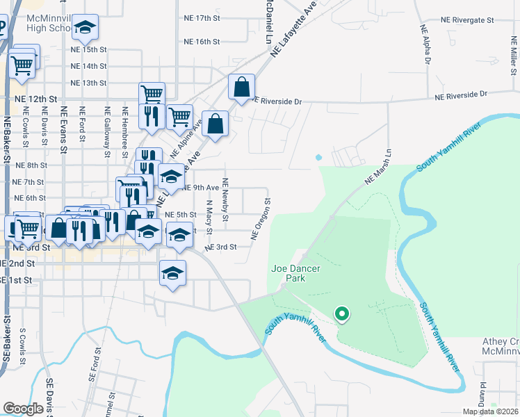map of restaurants, bars, coffee shops, grocery stores, and more near 1527 Northwest 5th Street in McMinnville