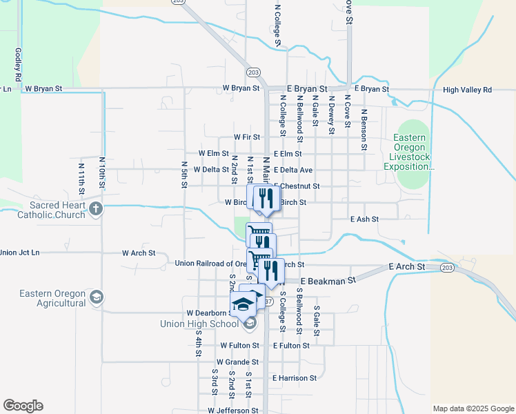map of restaurants, bars, coffee shops, grocery stores, and more near 464 North Main Street in Union