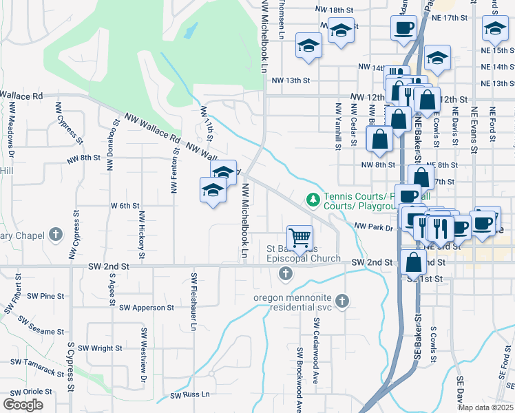 map of restaurants, bars, coffee shops, grocery stores, and more near 580 North Beary Street in McMinnville