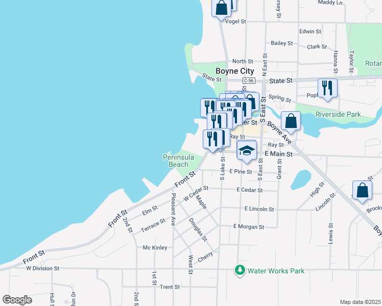 map of restaurants, bars, coffee shops, grocery stores, and more near 328-398 Front St in Boyne City
