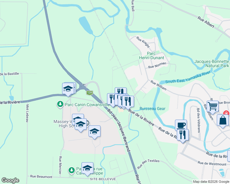 map of restaurants, bars, coffee shops, grocery stores, and more near 146 Rue Hanson in Cowansville