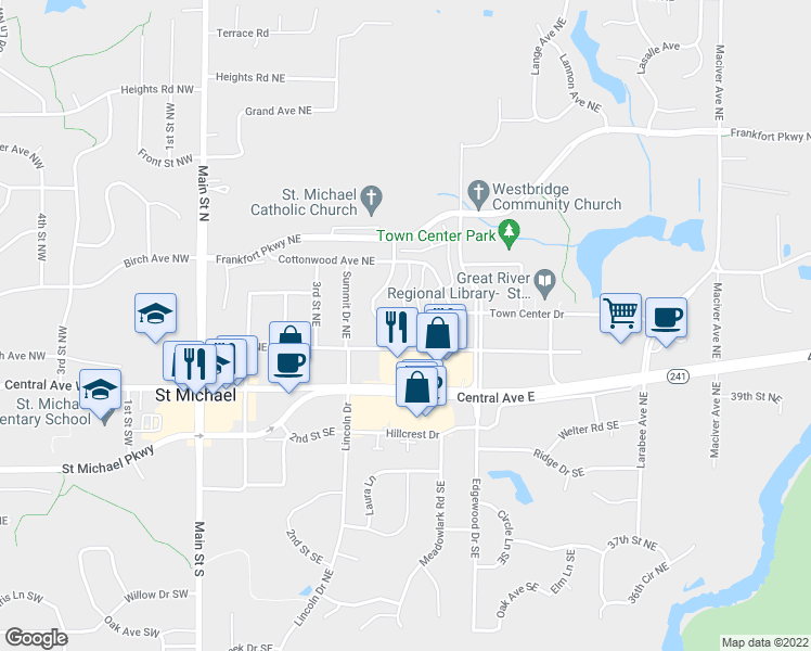 map of restaurants, bars, coffee shops, grocery stores, and more near 11395 Town Center Drive in Saint Michael