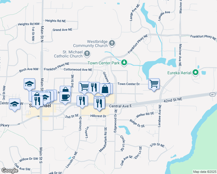 map of restaurants, bars, coffee shops, grocery stores, and more near 11491 Town Center Drive in Saint Michael