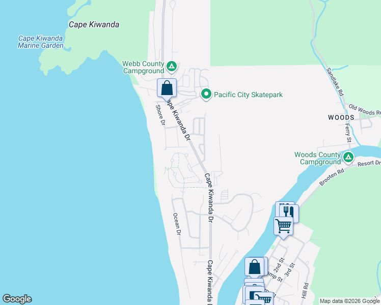 map of restaurants, bars, coffee shops, grocery stores, and more near 5855 Barefoot Lane in Pacific City