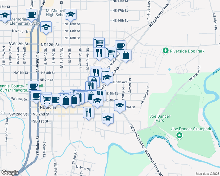 map of restaurants, bars, coffee shops, grocery stores, and more near 800 Northeast Lafayette Avenue in McMinnville