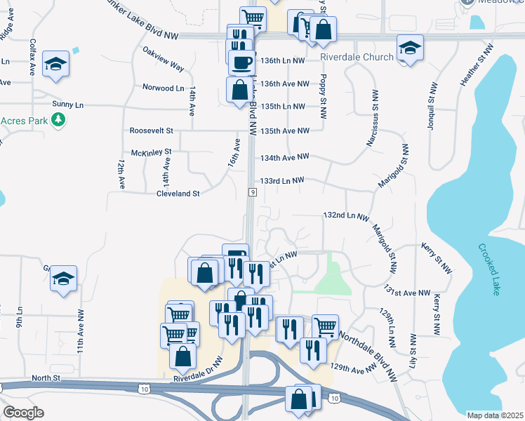 map of restaurants, bars, coffee shops, grocery stores, and more near 13230 Meadowood Trail in Coon Rapids