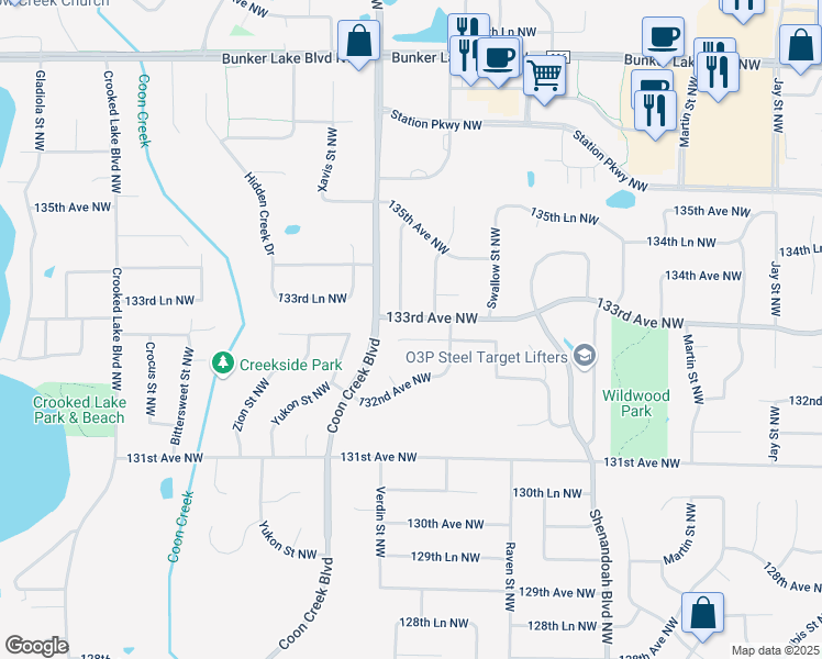 map of restaurants, bars, coffee shops, grocery stores, and more near 2356 132nd Lane Northwest in Minneapolis