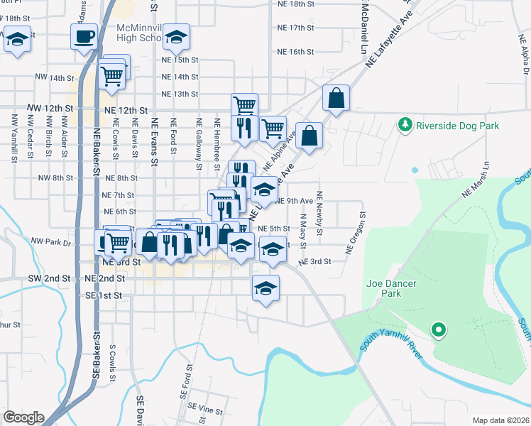 map of restaurants, bars, coffee shops, grocery stores, and more near 800 Northeast Lafayette Avenue in McMinnville